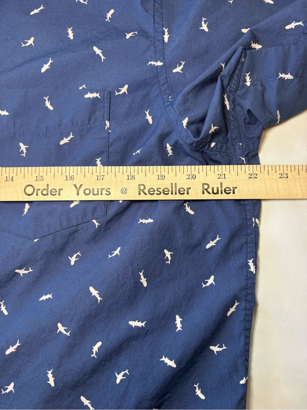American Eagle Outfitters Navy Short-Sleeve Button-Up- White Micro Shark Print - Picture 4 of 10